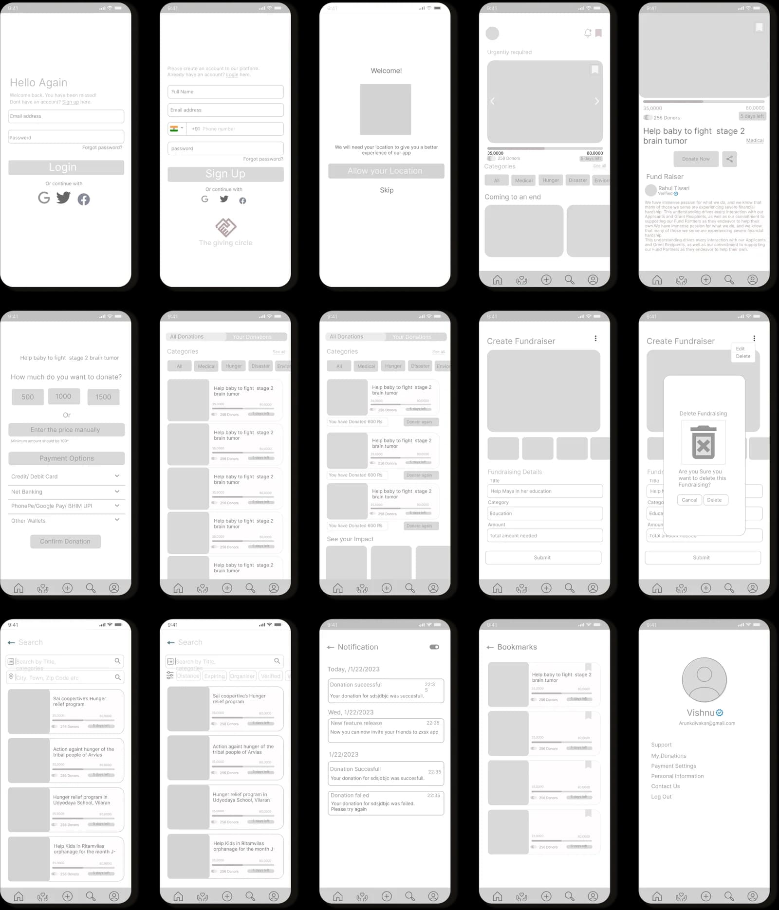 The Giving Circle wireframes