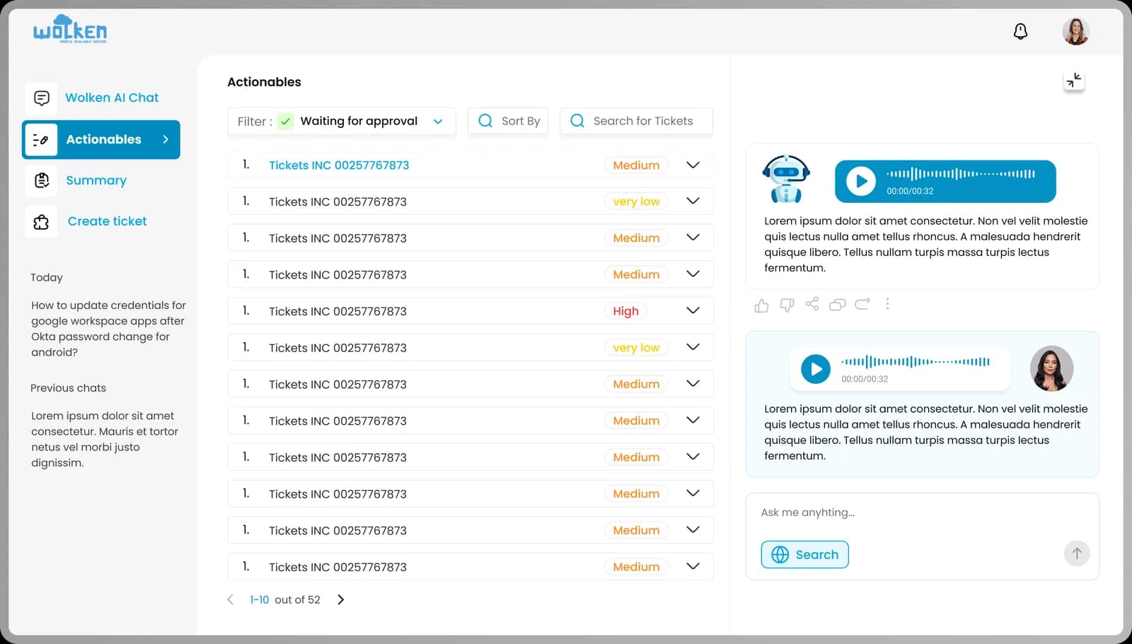 The actionables dashboard, with filter, sort and search