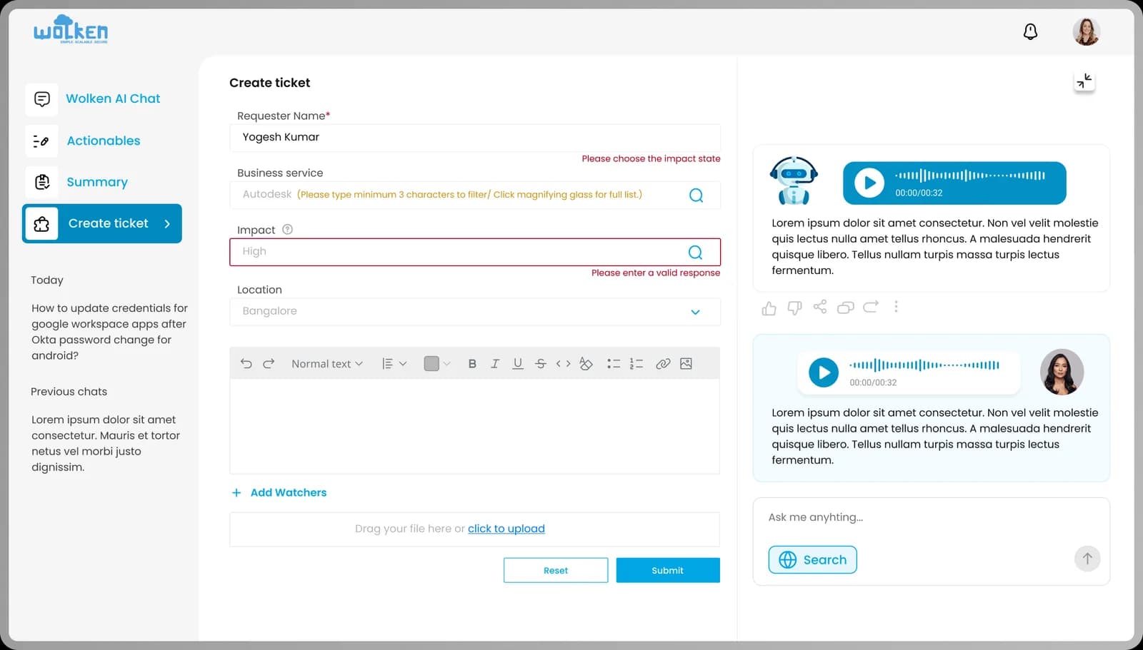 The create-ticket form