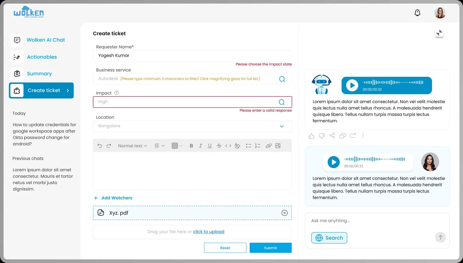 The create-ticket form