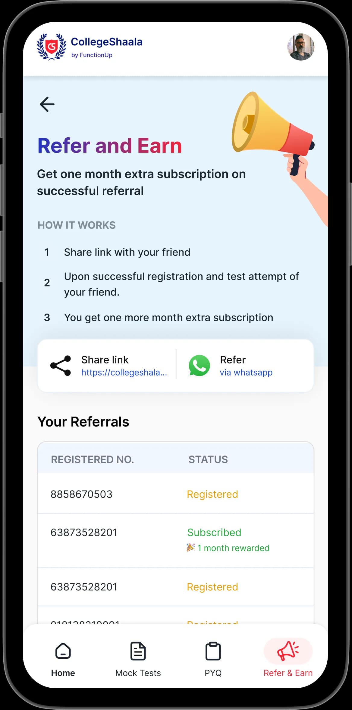 Collegeshaala screens for subscribed users