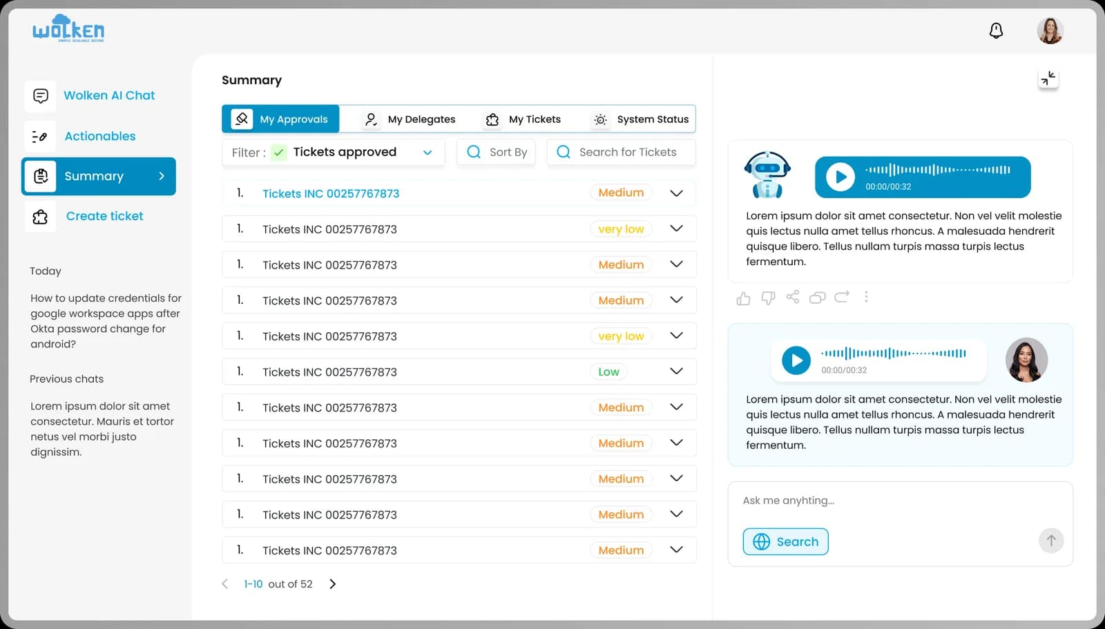 The summary view: approvals, delegates, tickets and system status