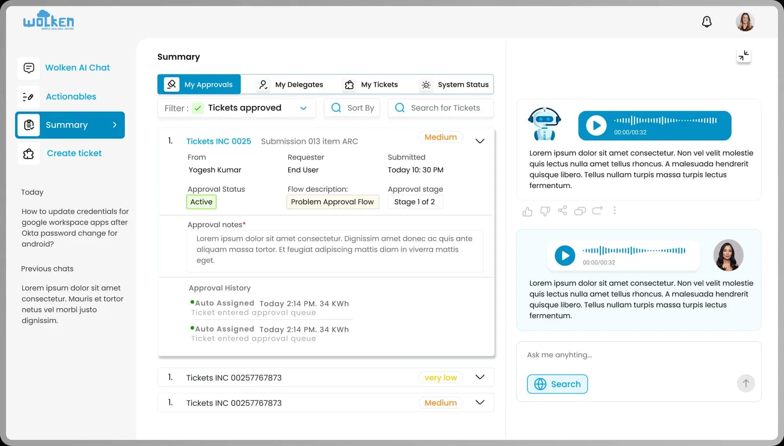 The summary view: approvals, delegates, tickets and system status