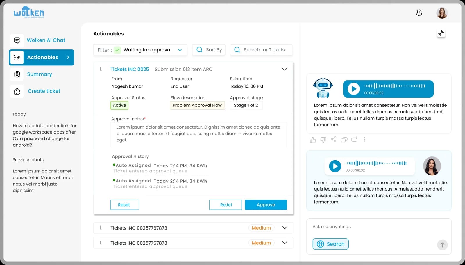 The actionables dashboard, with filter, sort and search